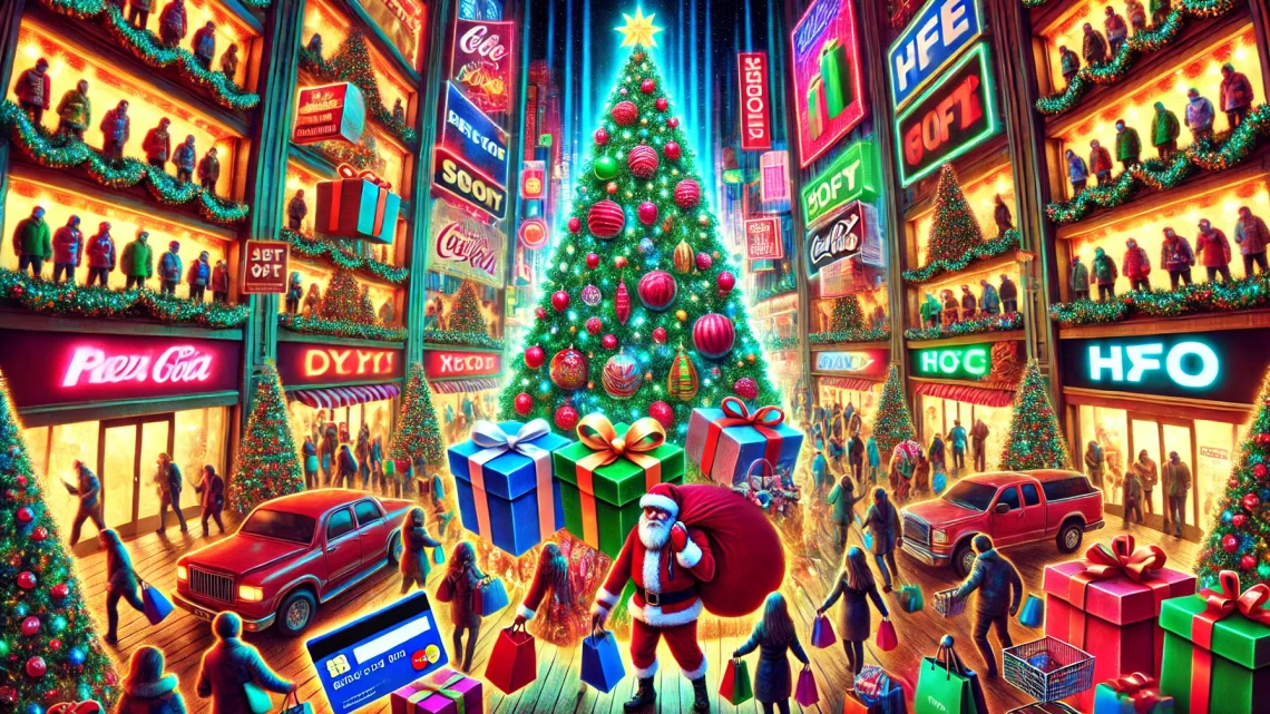 Natale caotico: albero, shopping frenetico e Babbo Natale consumista.
